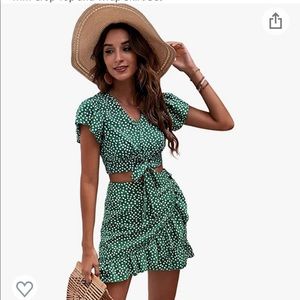 Two Piece Outfits Floral Ruffle Trim Crop Top and Wrap Skirt Set